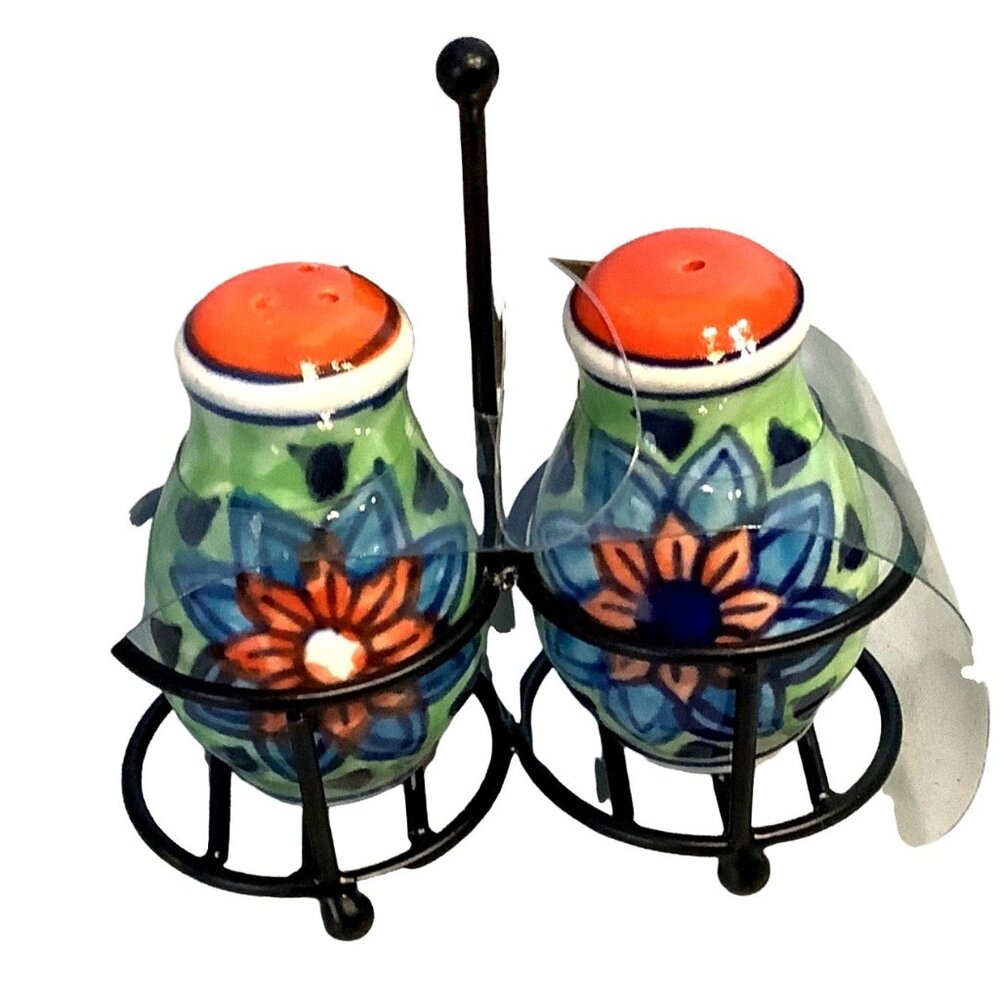 Salt and Pepper Shaker Hand Painted Iron Holder Handcrafted India Ceramic - Picture 1 of 7
